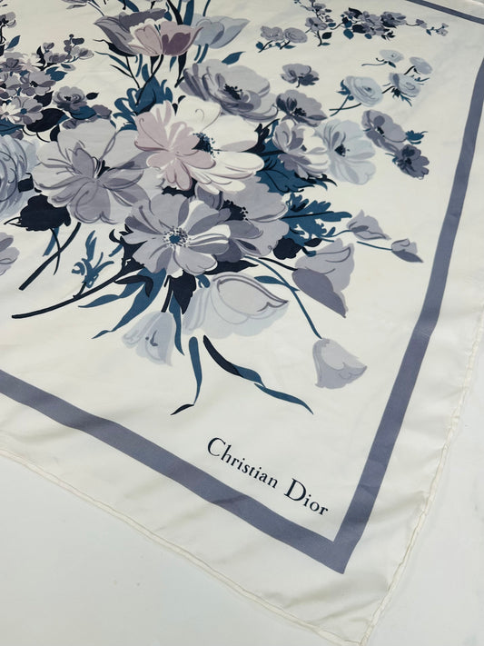 Carré en soie Christian Dior ivoire violette motif fleurs sauvages vintage authentique