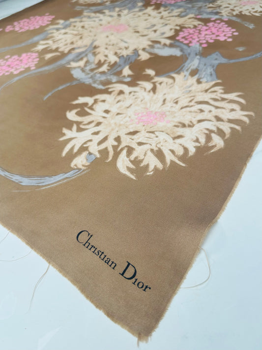Carré en soie Christian Dior moka bronze motif floral stylisé vintage authentique