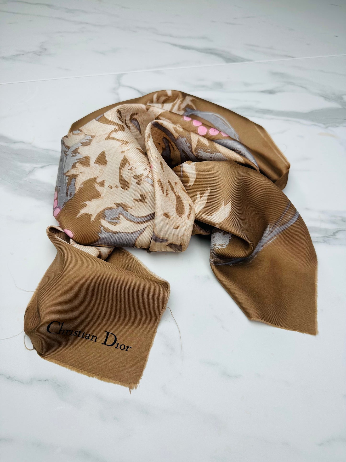Carré en soie Christian Dior moka bronze motif floral stylisé vintage authentique