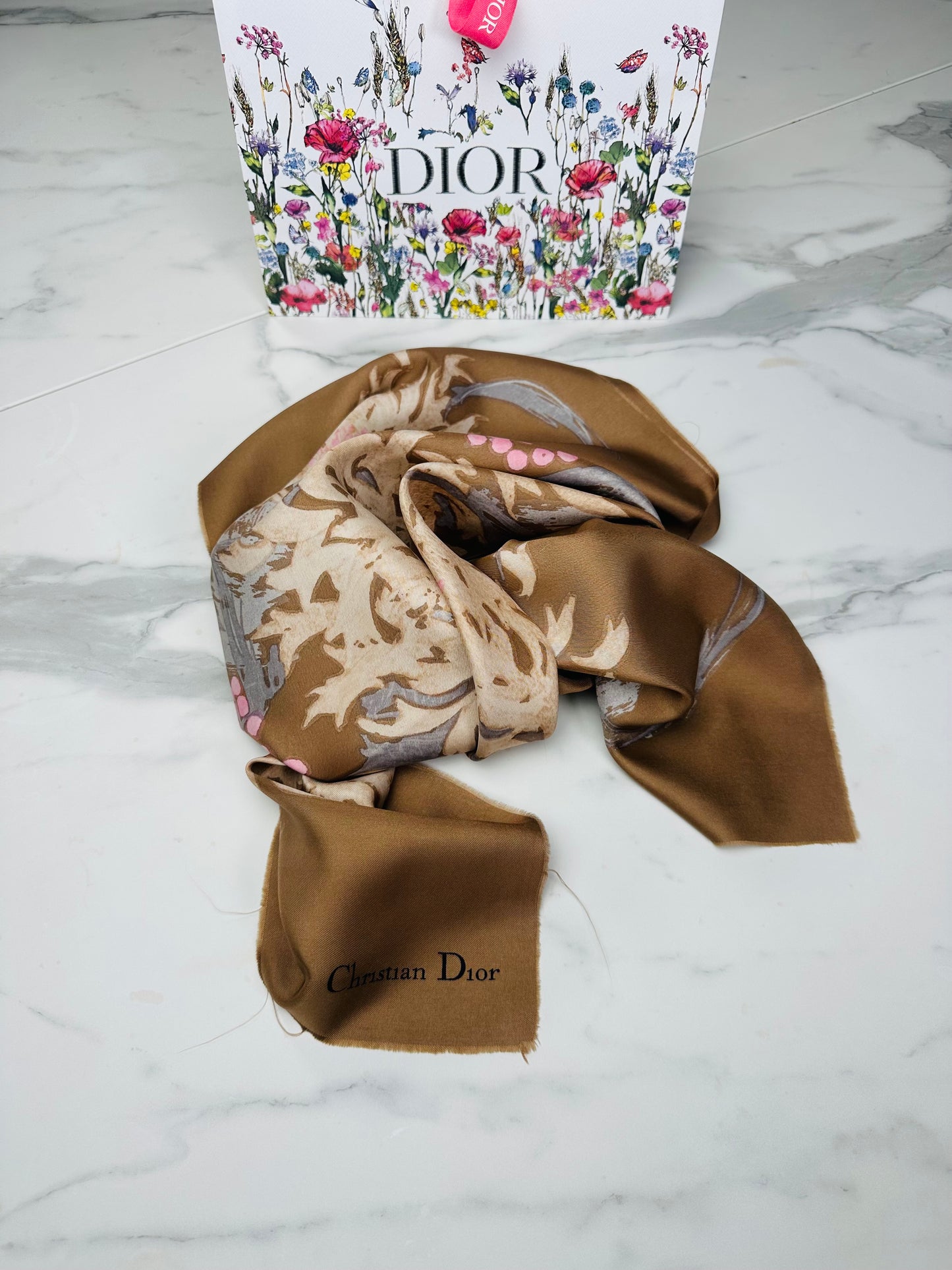 Carré en soie Christian Dior moka bronze motif floral stylisé vintage authentique