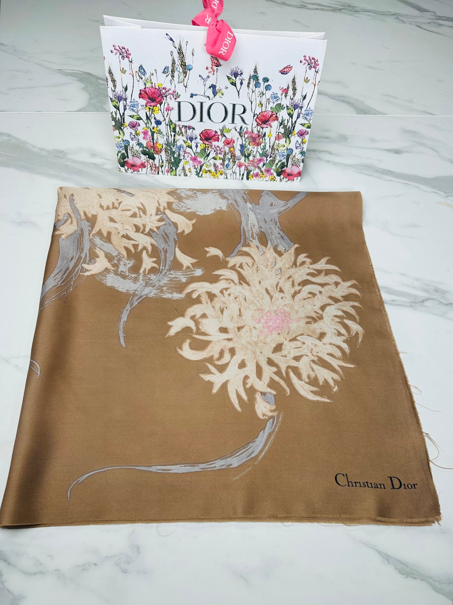 Carré en soie Christian Dior moka bronze motif floral stylisé vintage authentique