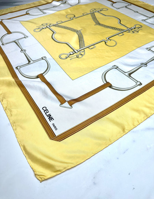 Authentic vintage Céline yellow silk equestrian bit scarf