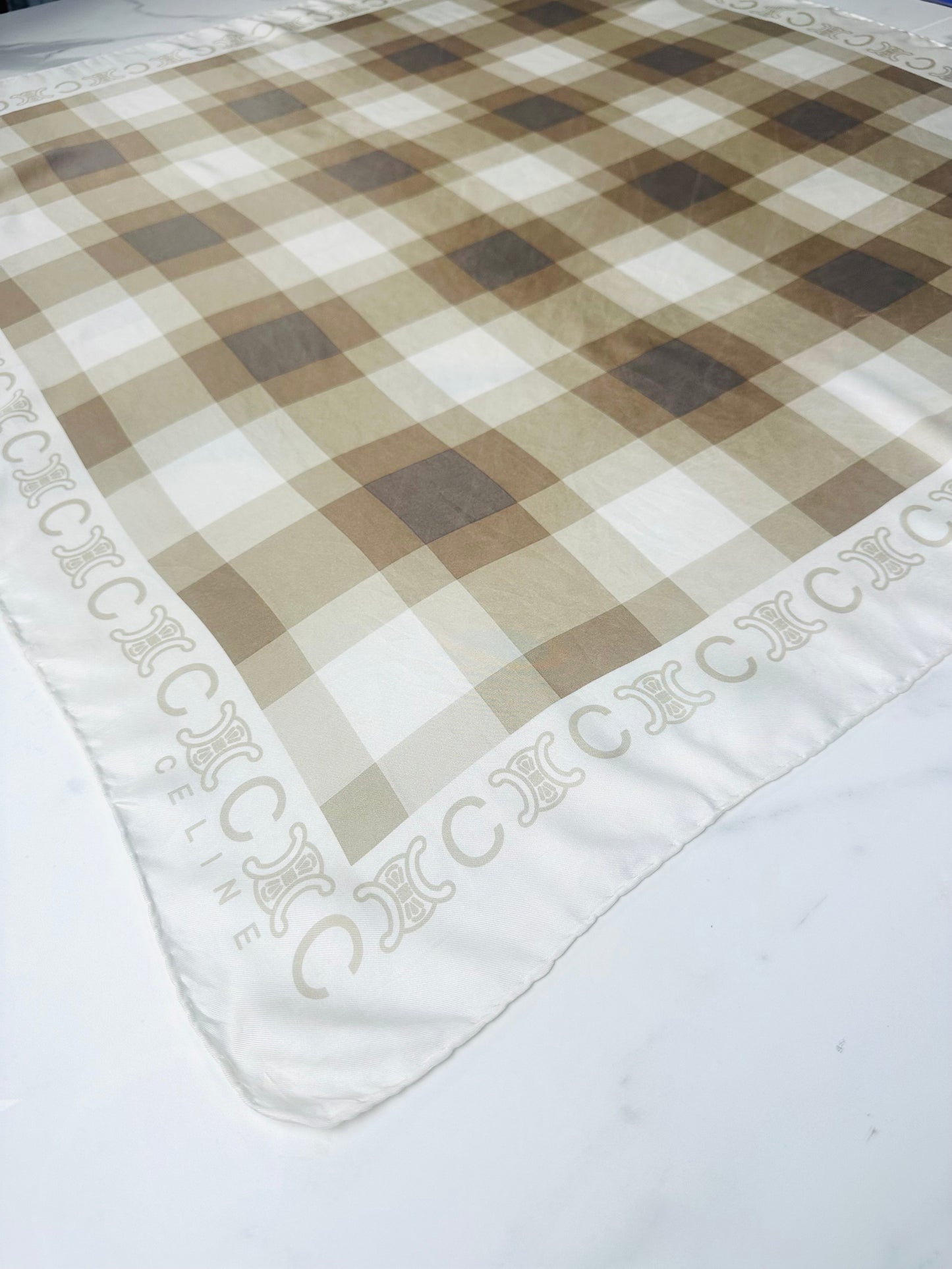 Carré soie Céline beige motif carreaux tartan monogramme vintage authentique