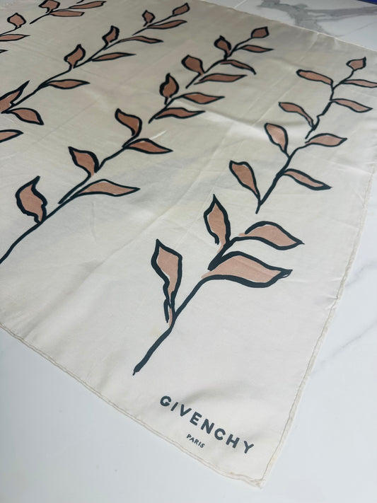 Givenchy ivory silk square scarf, minimalist botanical leaf pattern, authentic vintage