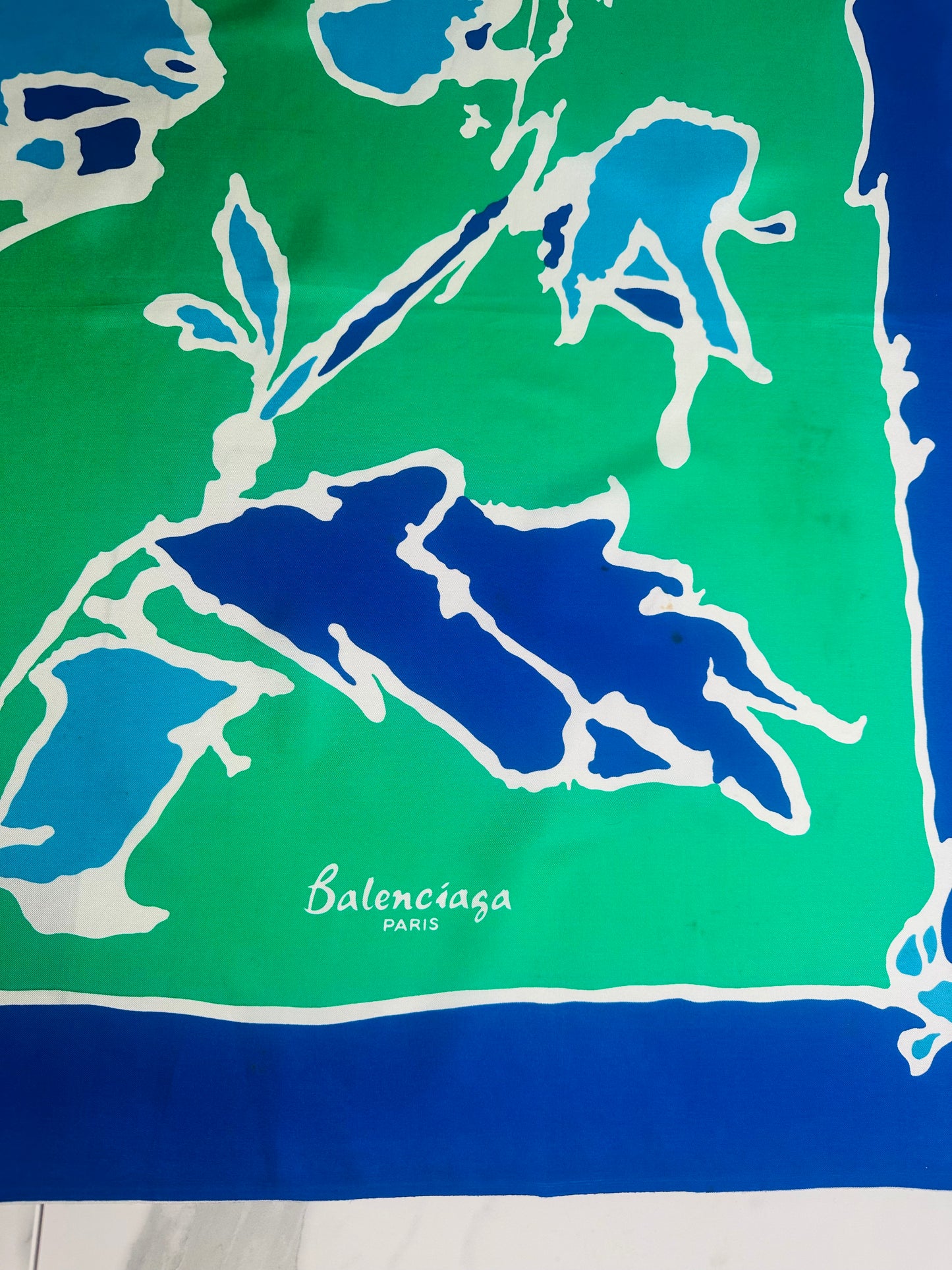 Carré en soie Balenciaga bleu vert motif floral abstrait vintage authentique