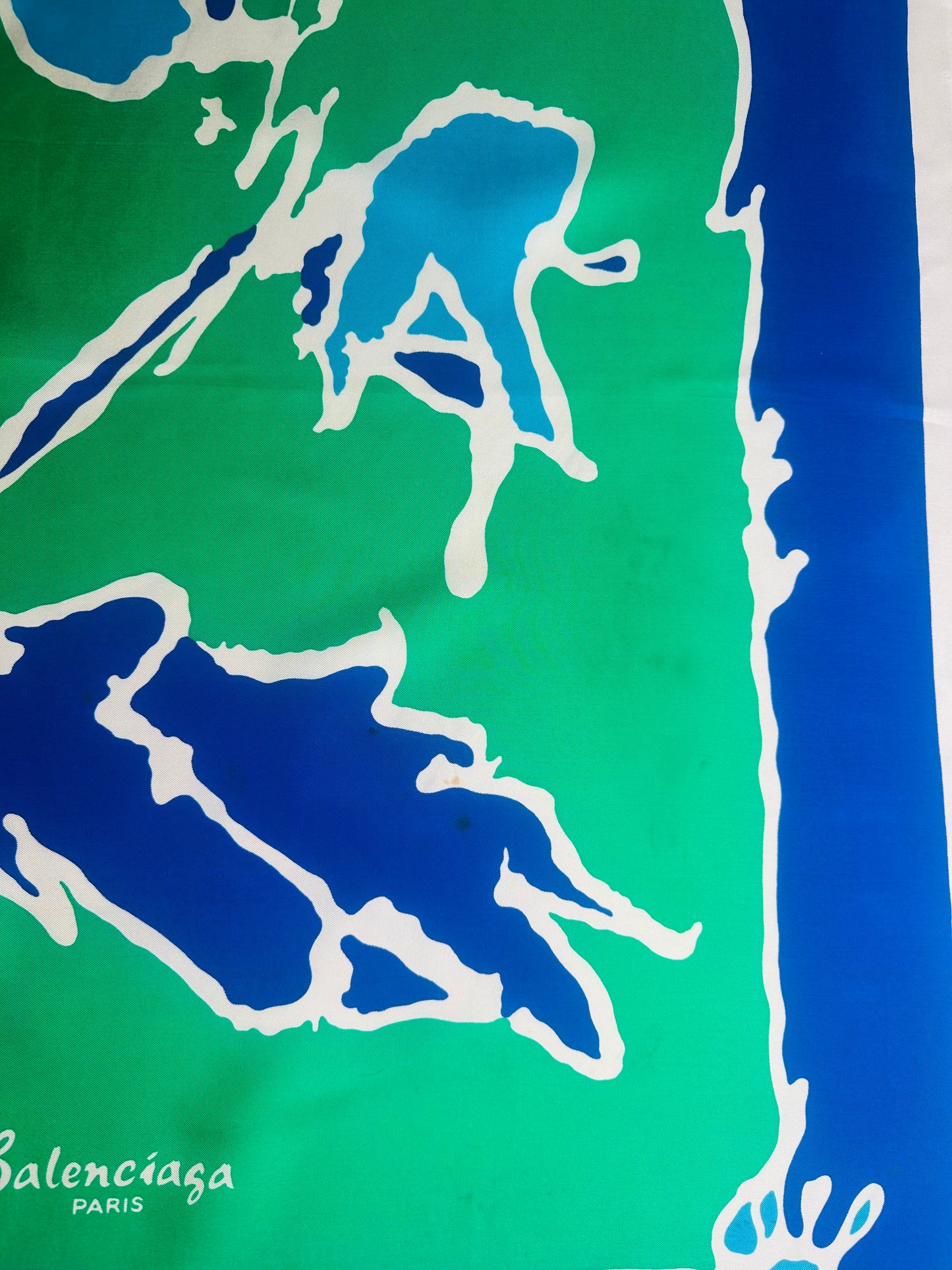 Carré en soie Balenciaga bleu vert motif floral abstrait vintage authentique