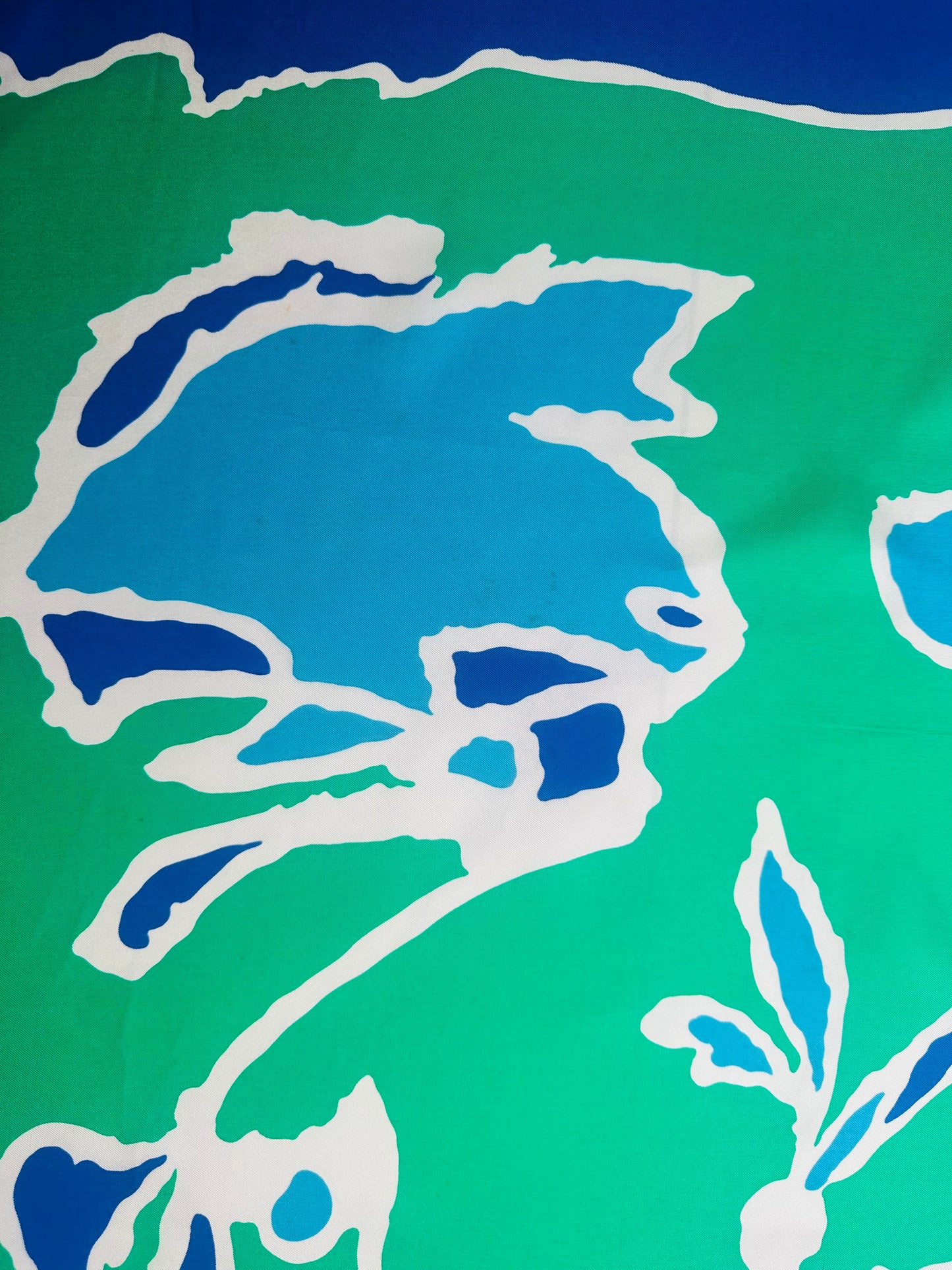 Carré en soie Balenciaga bleu vert motif floral abstrait vintage authentique
