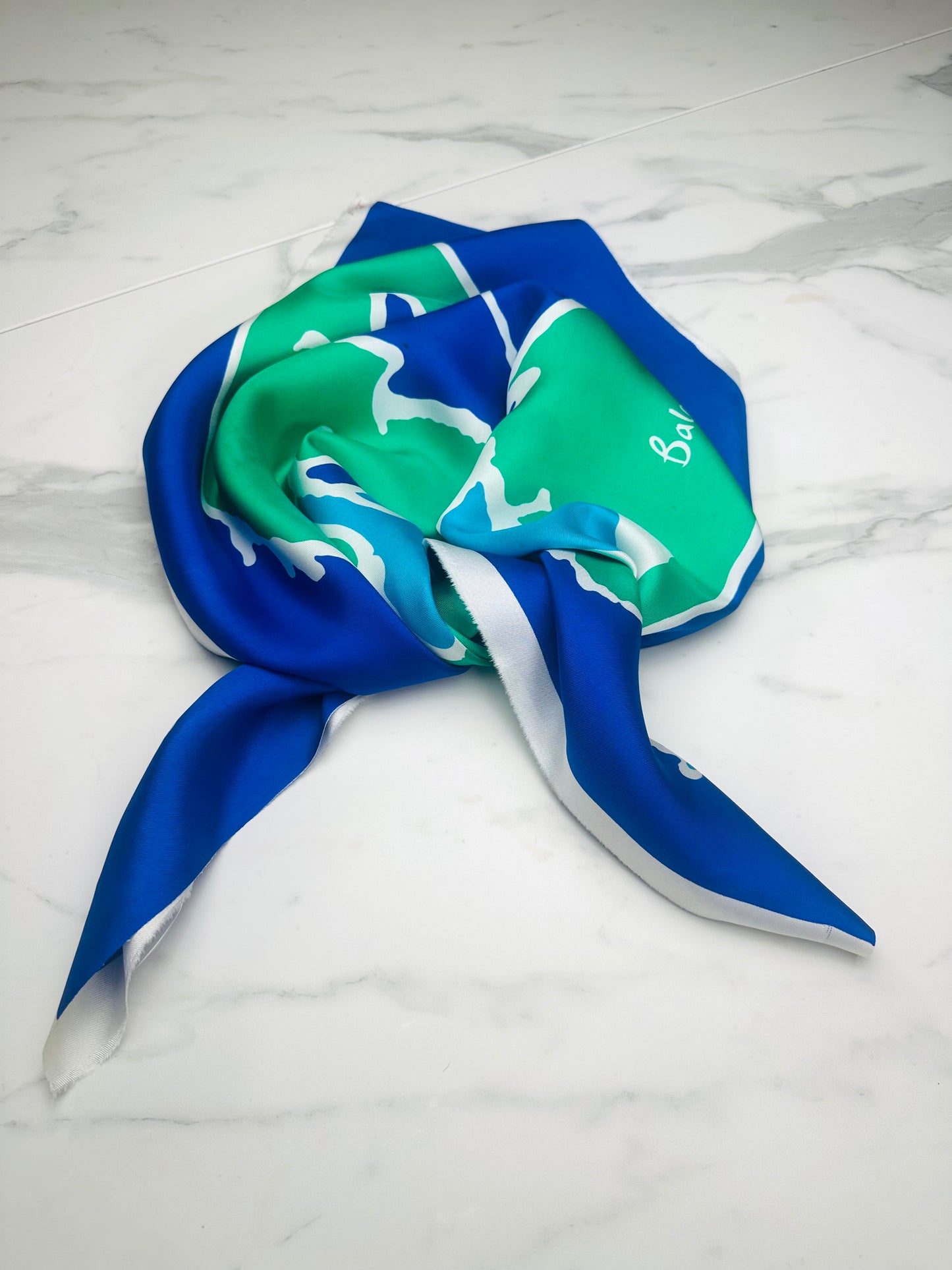 Carré en soie Balenciaga bleu vert motif floral abstrait vintage authentique