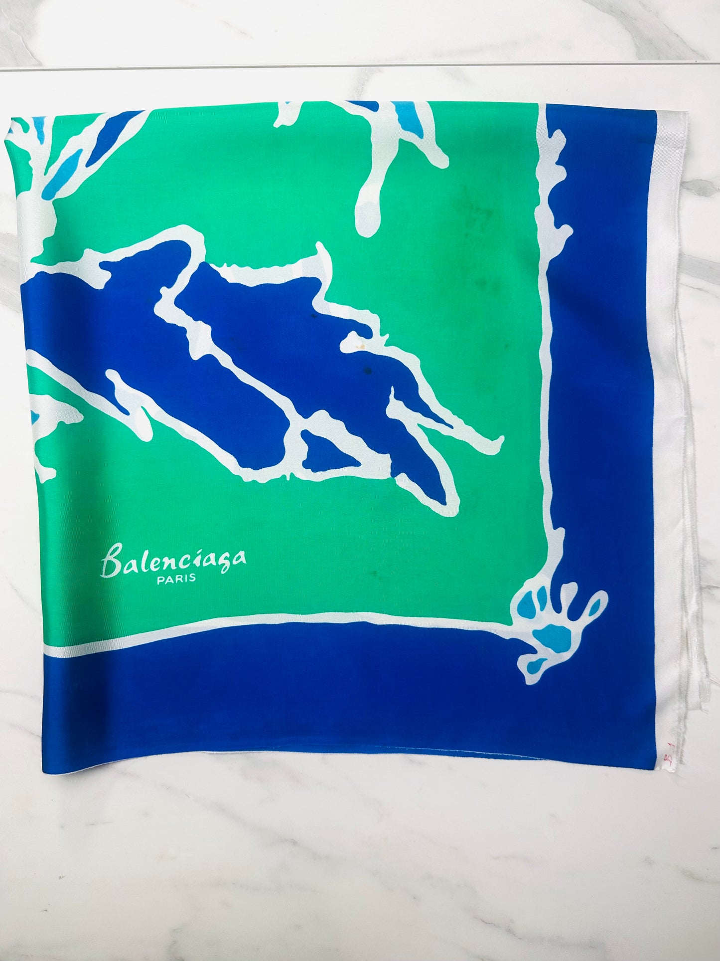 Carré en soie Balenciaga bleu vert motif floral abstrait vintage authentique