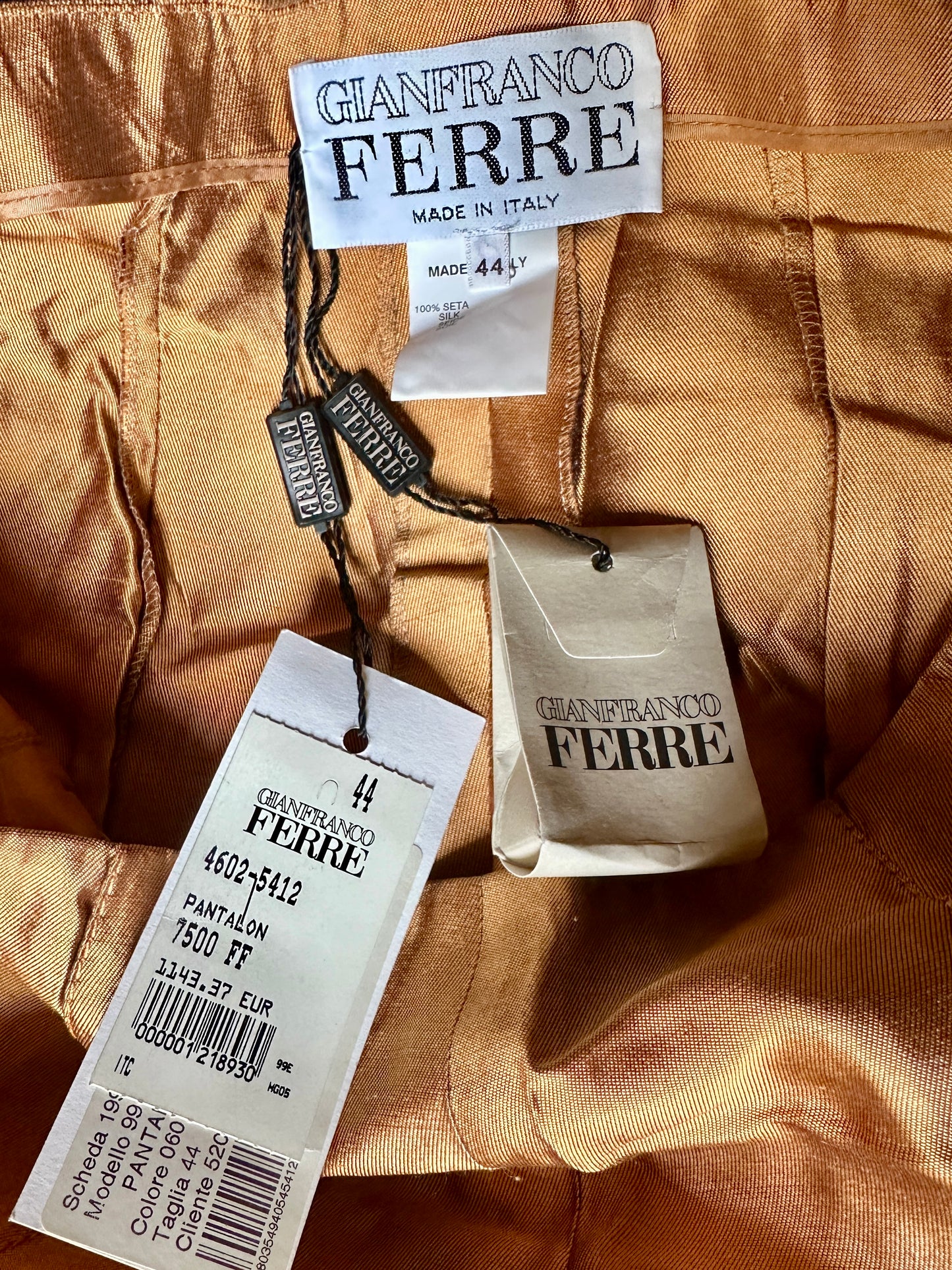 Pantalon Gianfranco Ferré en soie sauvage cuivrée neuve IT 44