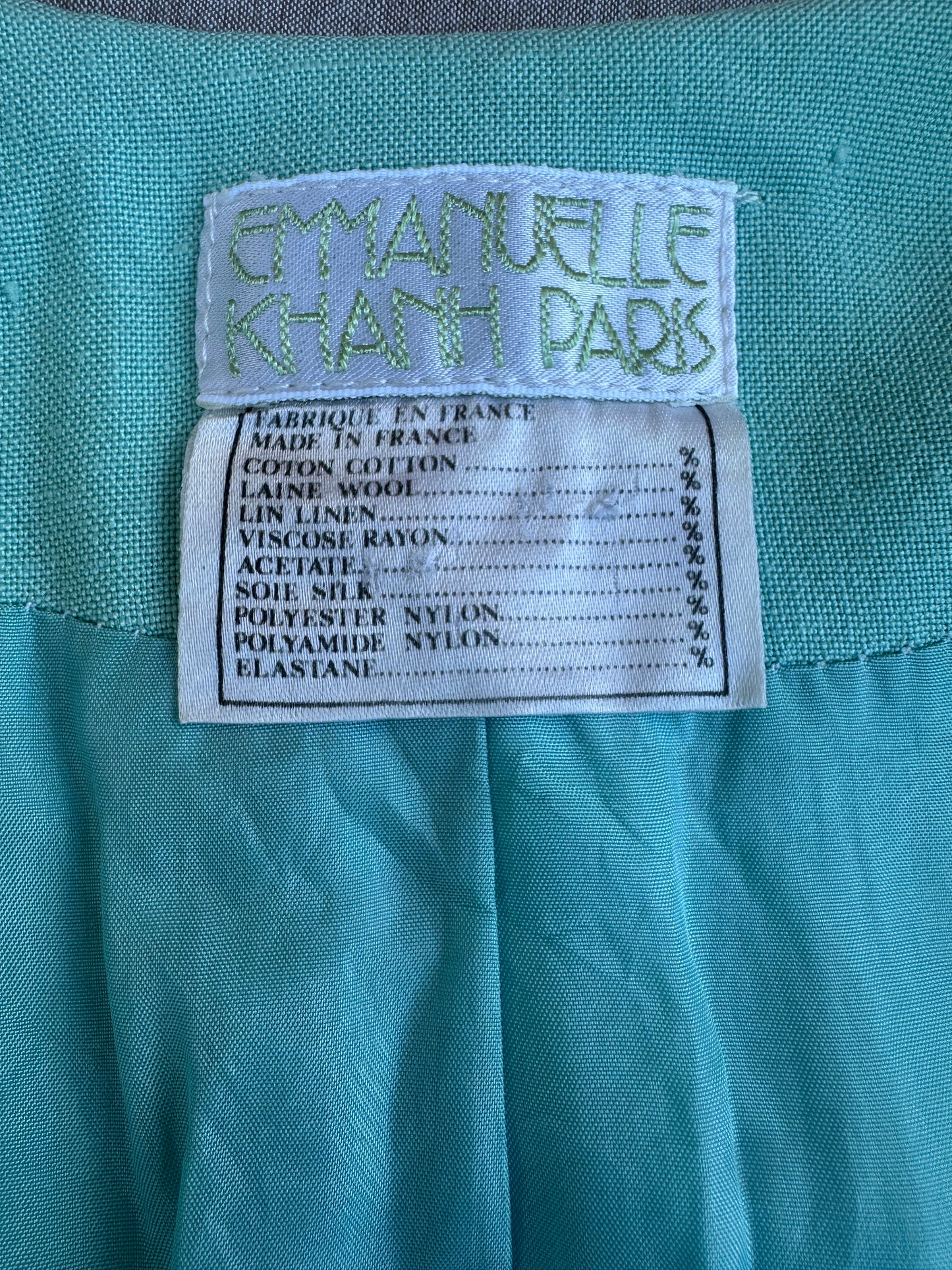 Tailleur jupe en lin turquoise Emmanuelle Khanh Paris vintage