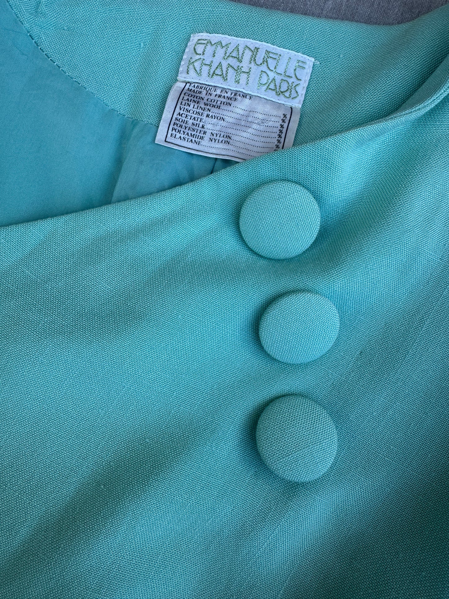 Tailleur jupe en lin turquoise Emmanuelle Khanh Paris vintage