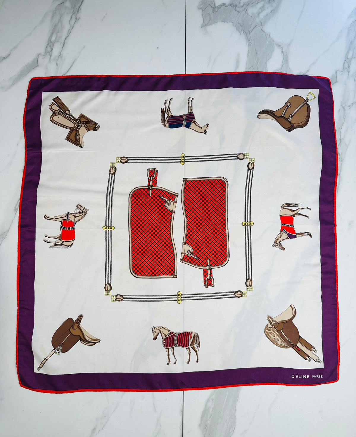 Céline Vintage Authentic Silk Scarf in Ivory and Purple with Equestrian Pattern