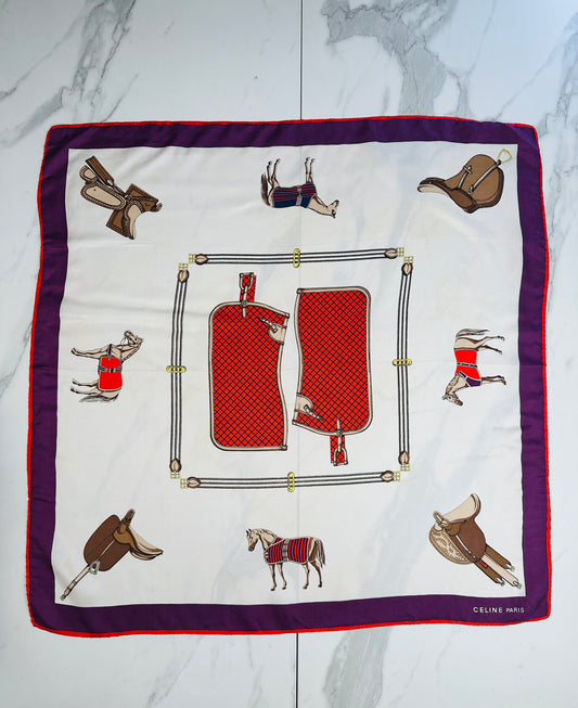 Céline Vintage Authentic Silk Scarf in Ivory and Purple with Equestrian Pattern