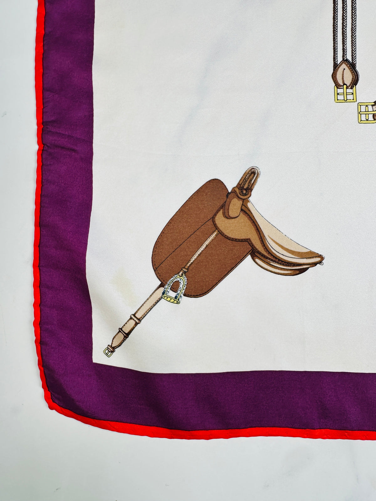 Céline Vintage Authentic Silk Scarf in Ivory and Purple with Equestrian Pattern