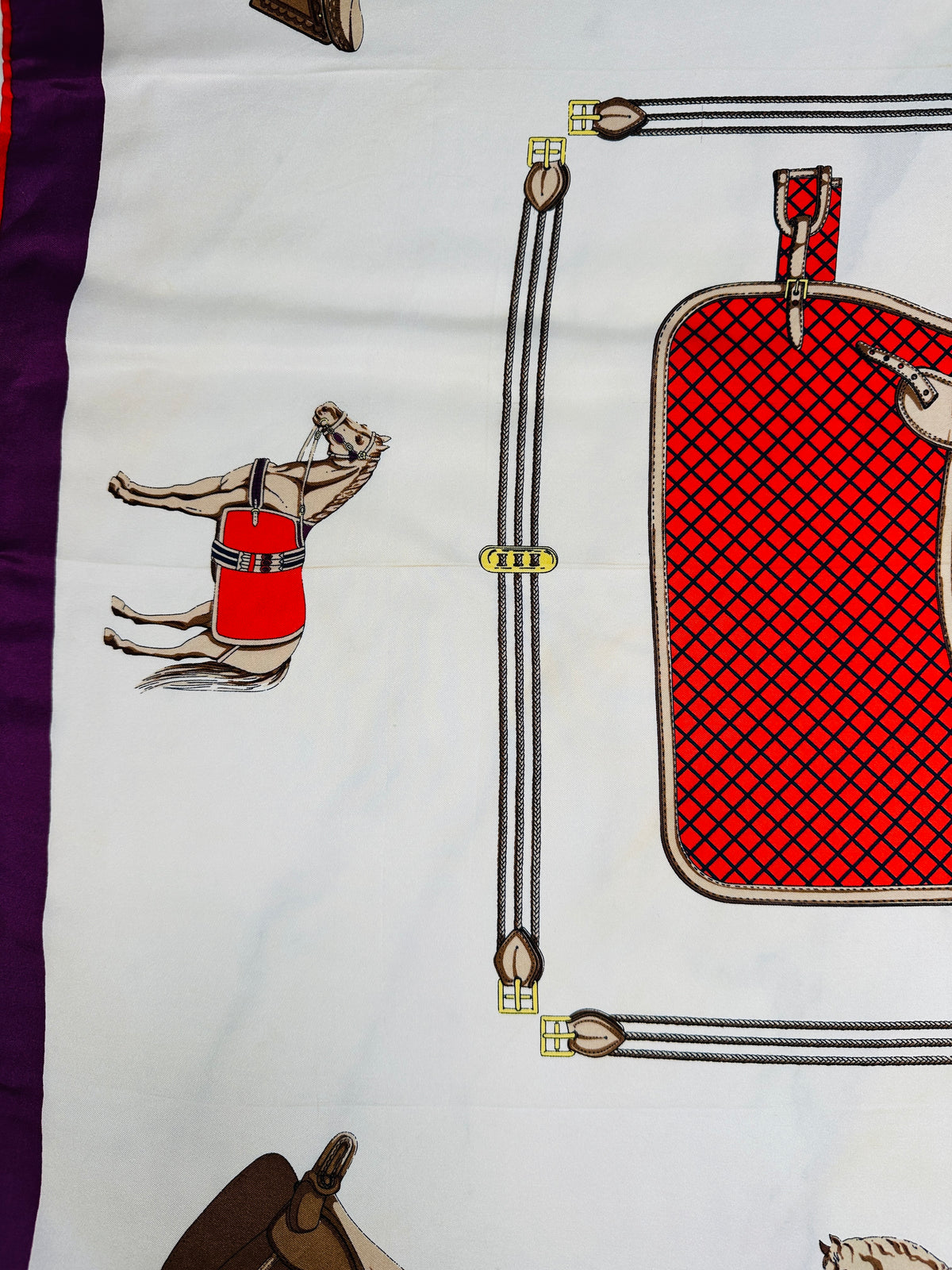 Céline Vintage Authentic Silk Scarf in Ivory and Purple with Equestrian Pattern