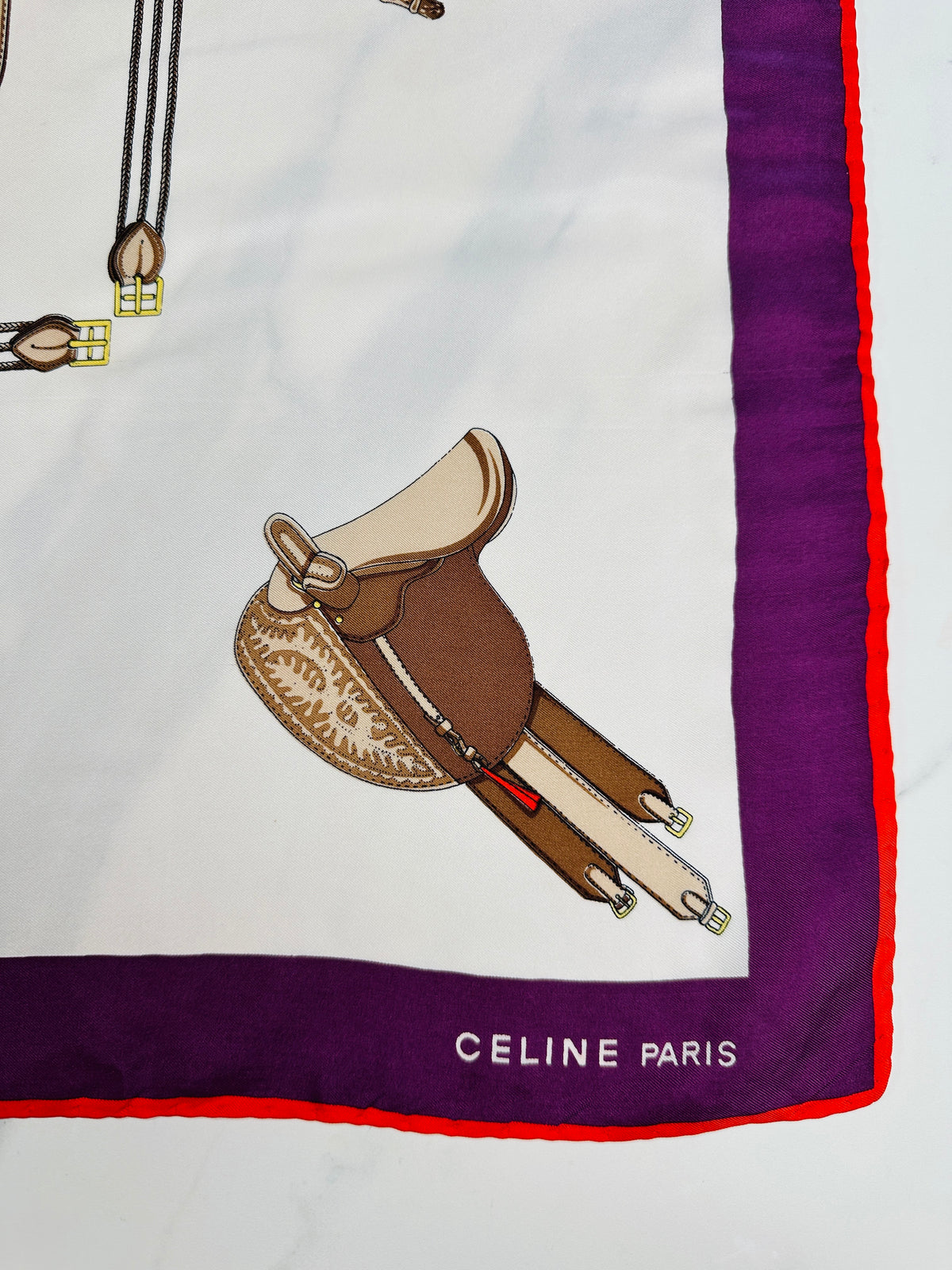 Céline Vintage Authentic Silk Scarf in Ivory and Purple with Equestrian Pattern