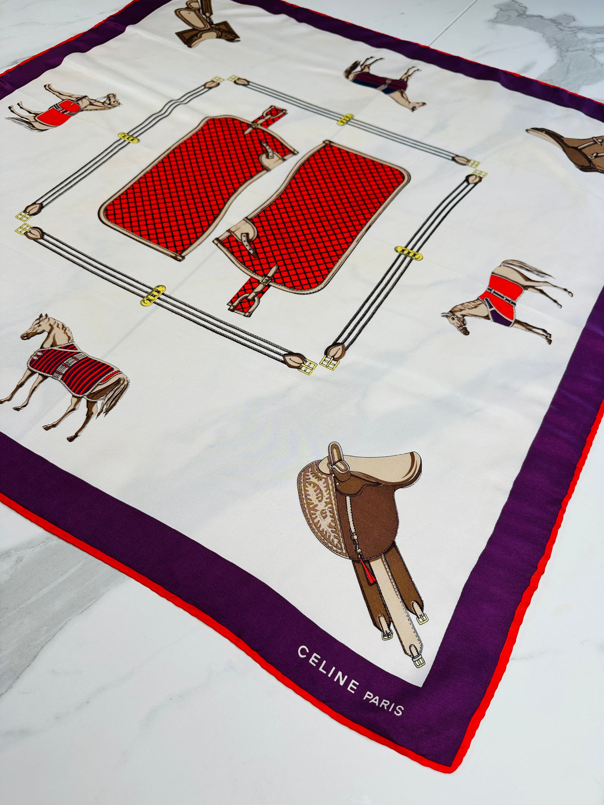 Céline Vintage Authentic Silk Scarf in Ivory and Purple with Equestrian Pattern
