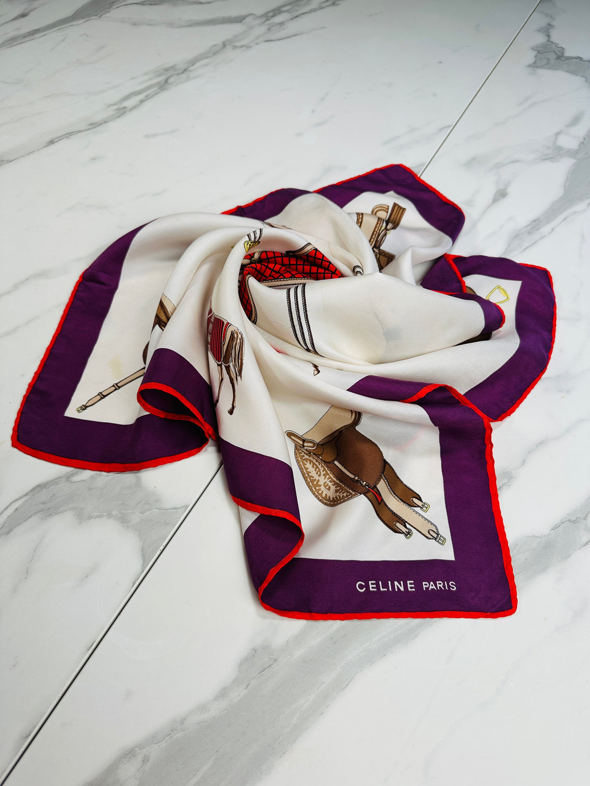 Céline Vintage Authentic Silk Scarf in Ivory and Purple with Equestrian Pattern