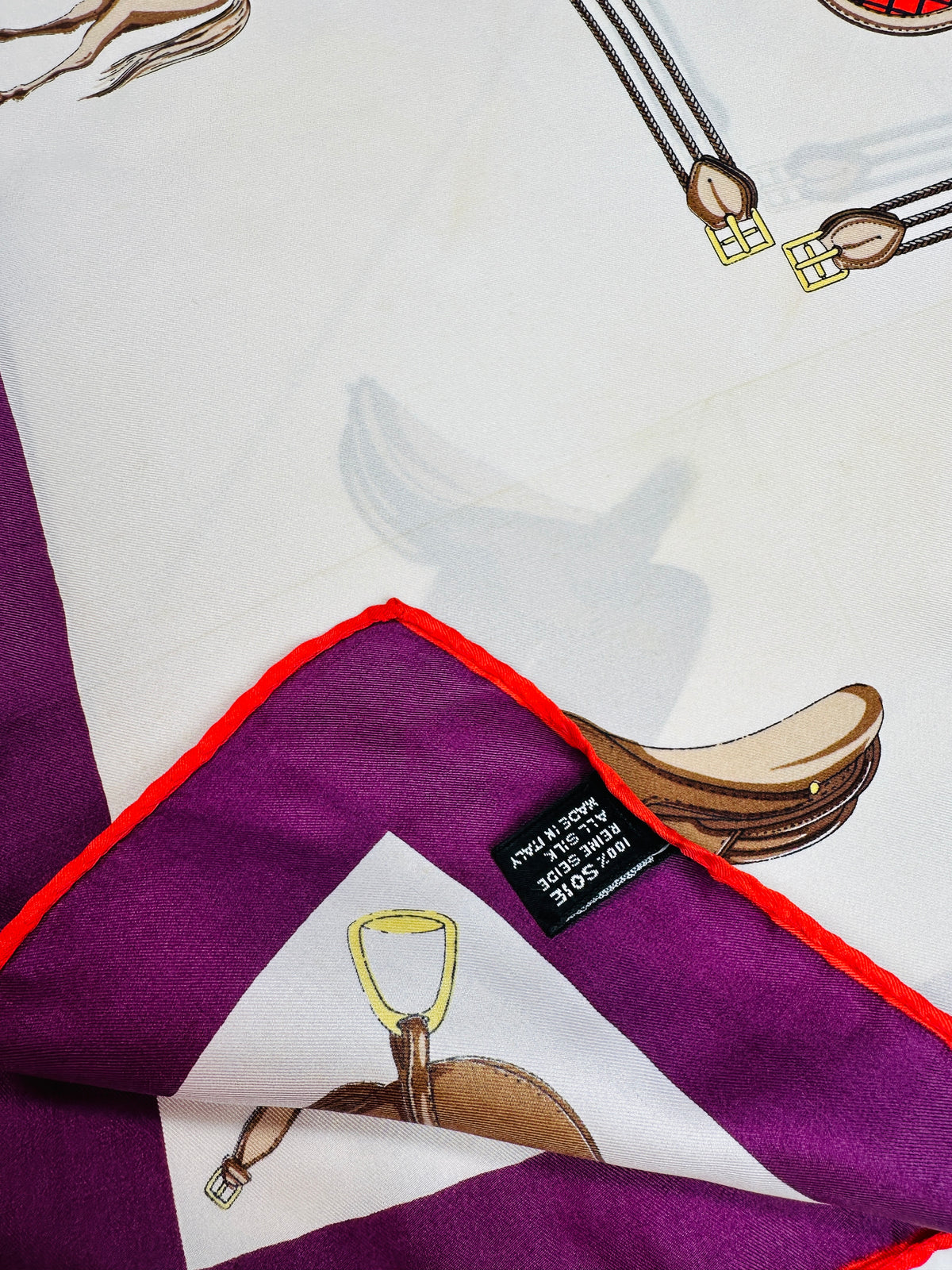 Céline Vintage Authentic Silk Scarf in Ivory and Purple with Equestrian Pattern