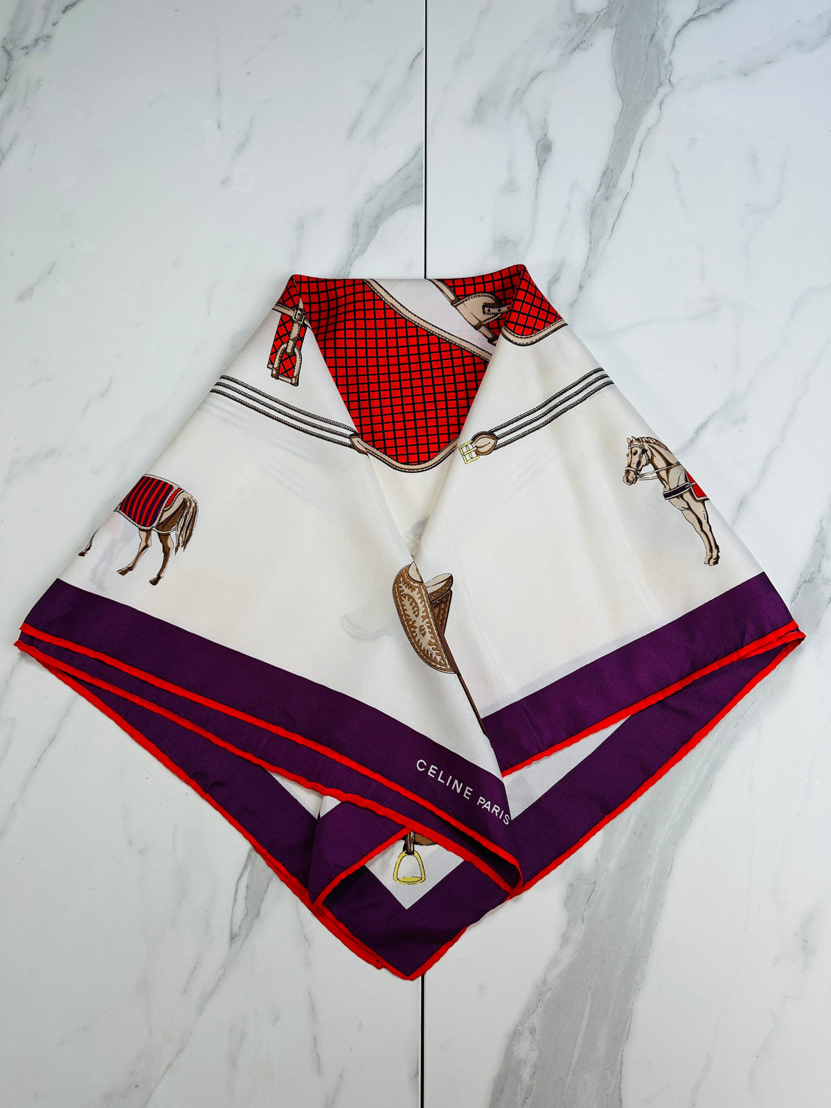 Céline Vintage Authentic Silk Scarf in Ivory and Purple with Equestrian Pattern