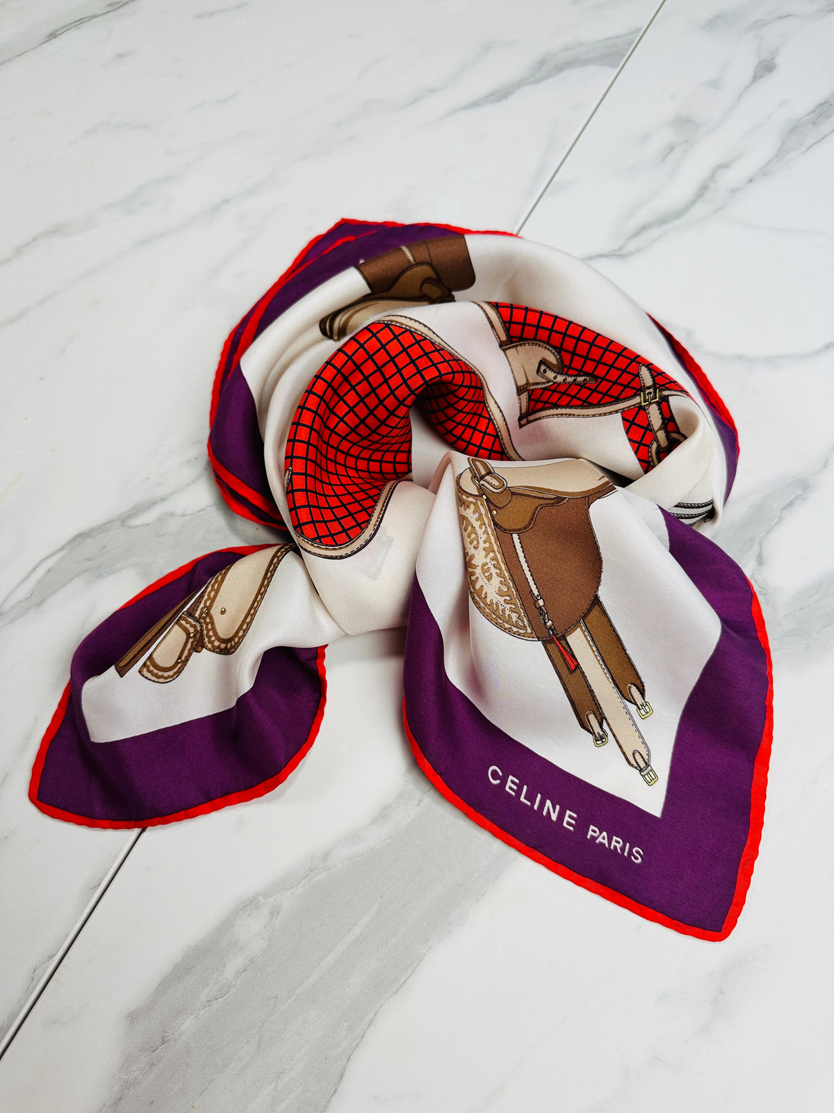 Céline Vintage Authentic Silk Scarf in Ivory and Purple with Equestrian Pattern