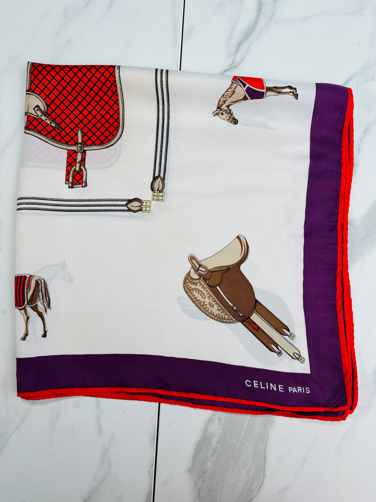 Céline Vintage Authentic Silk Scarf in Ivory and Purple with Equestrian Pattern