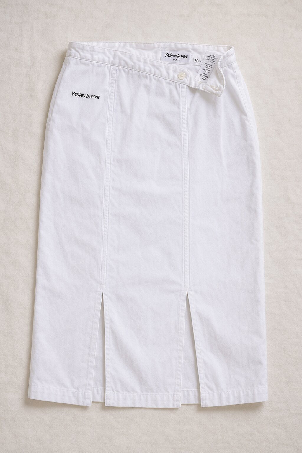 Authentic Vintage White Cotton Denim Midi Skirt Yves Saint Laurent