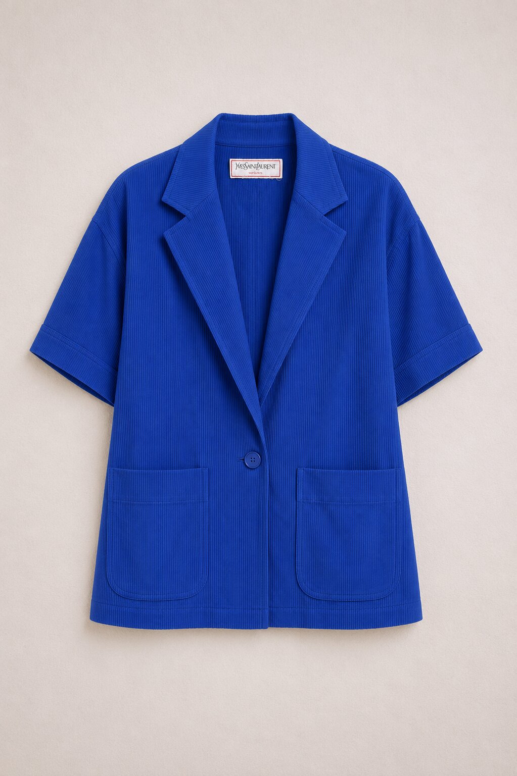 Veste Vintage Authentique Yves Saint Laurent Variation en Coton Texturé Bleu Cobalt Grande Taille
