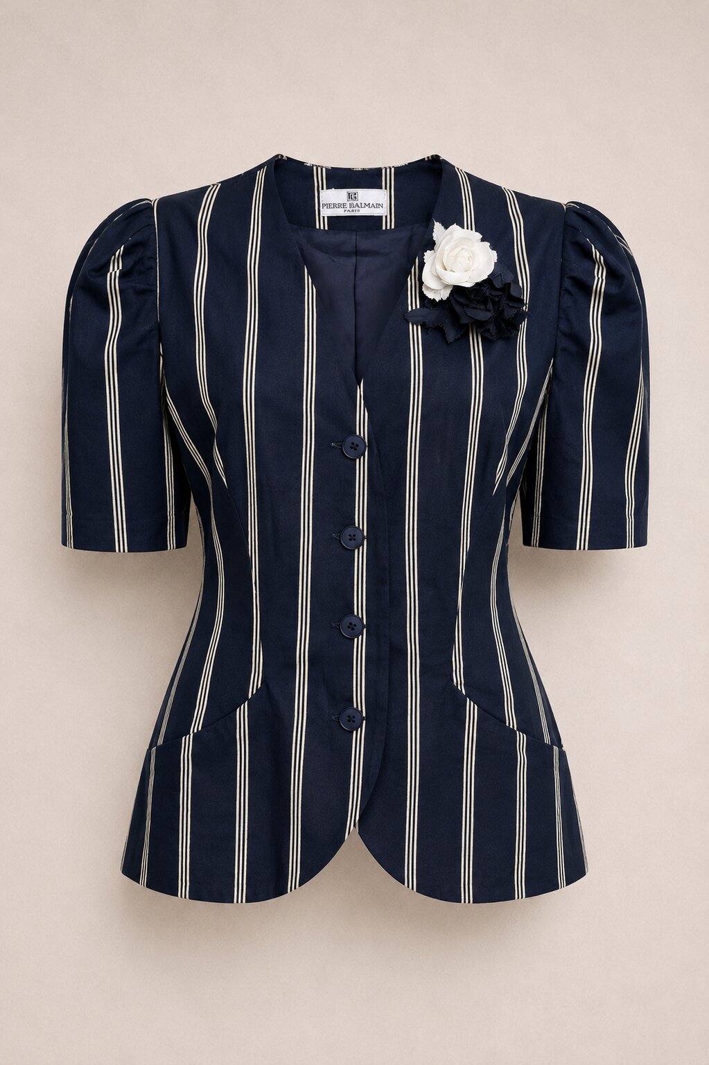 Summer Blazer Pierre Balmain Paris in vintage navy cotton with puffed sleeves