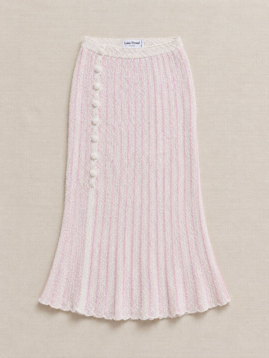 Jupe Vintage Authentique Louis Féraud Paris en Maille Rayée Rose et Blanche