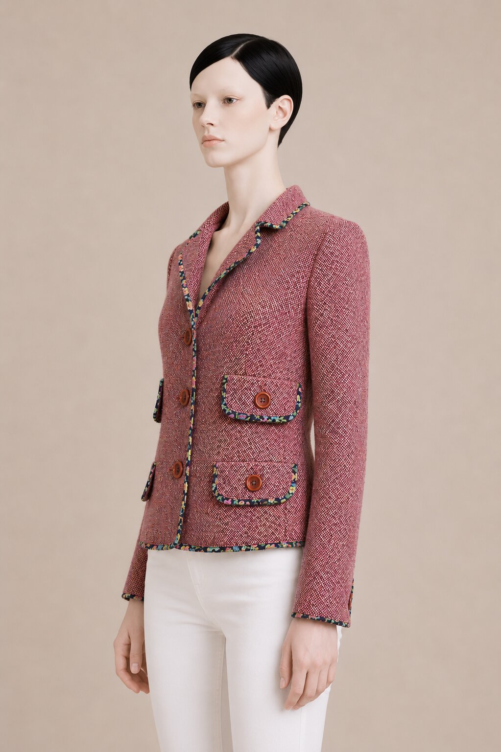Authentique blazer Cacharel en tweed de laine vierge rose chiné vintage