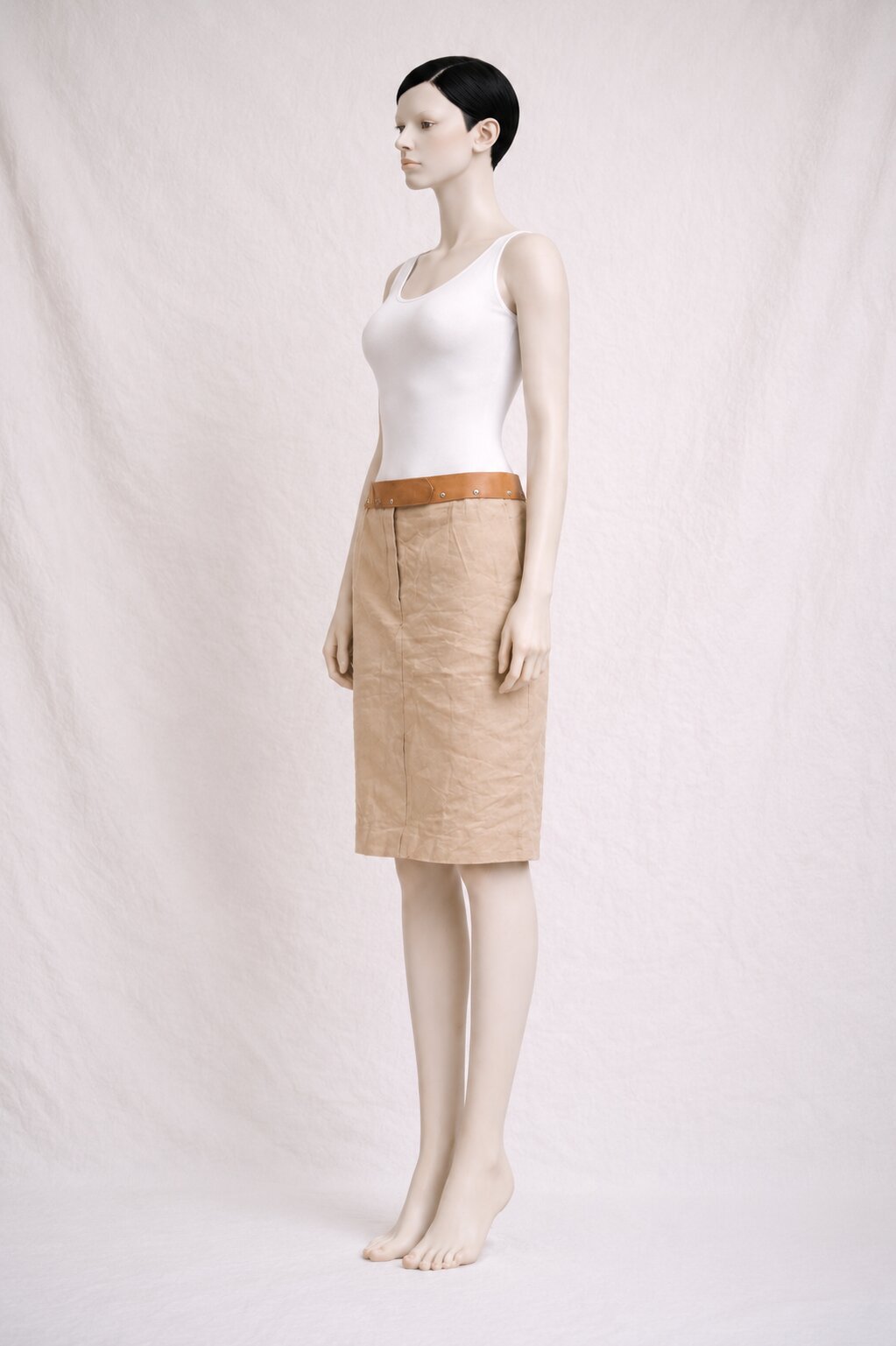 Jupe en coton authentique Paco Rabanne avec ceinture en cuir vintage beige