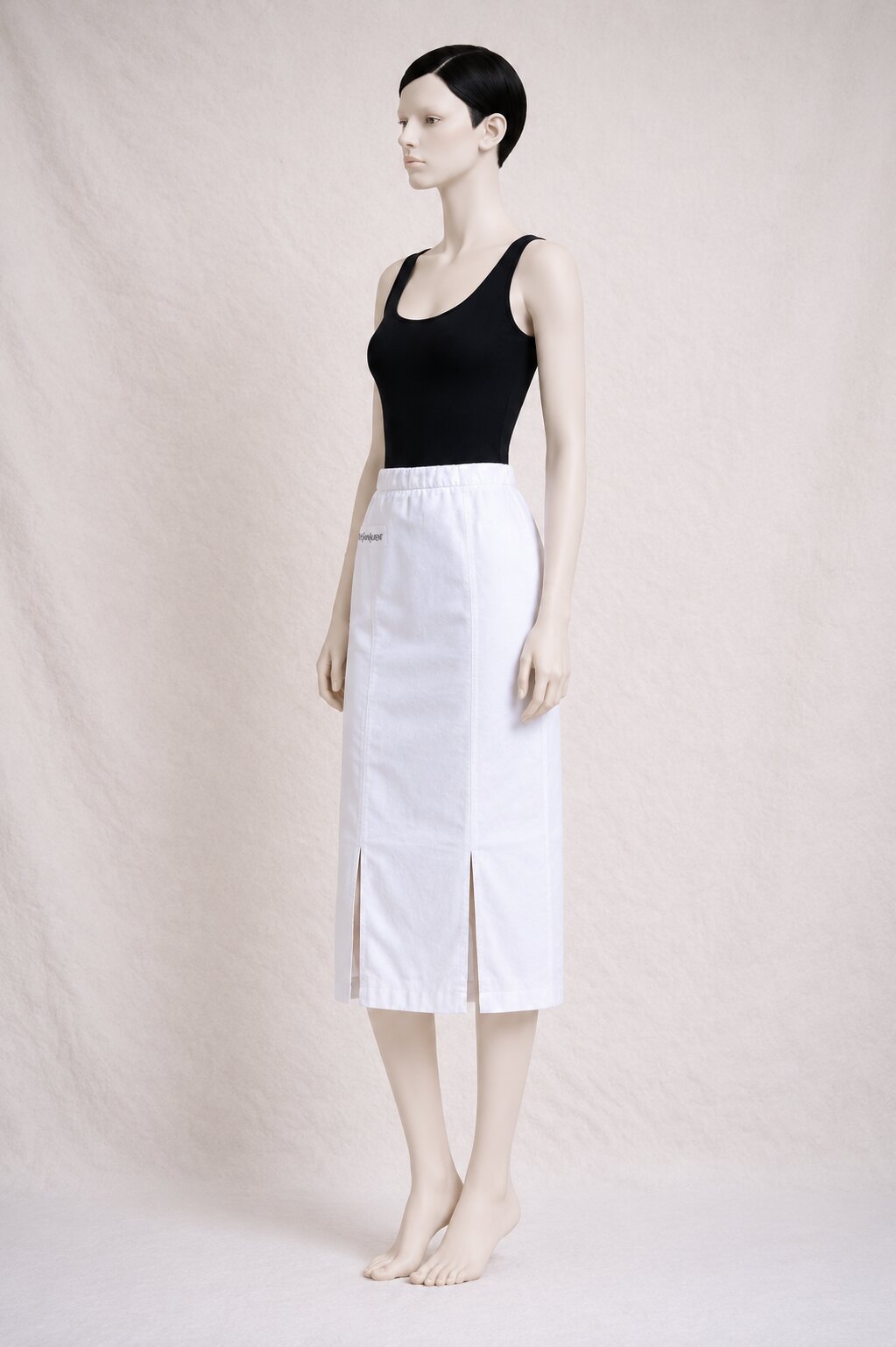 Authentic Vintage White Cotton Denim Midi Skirt Yves Saint Laurent