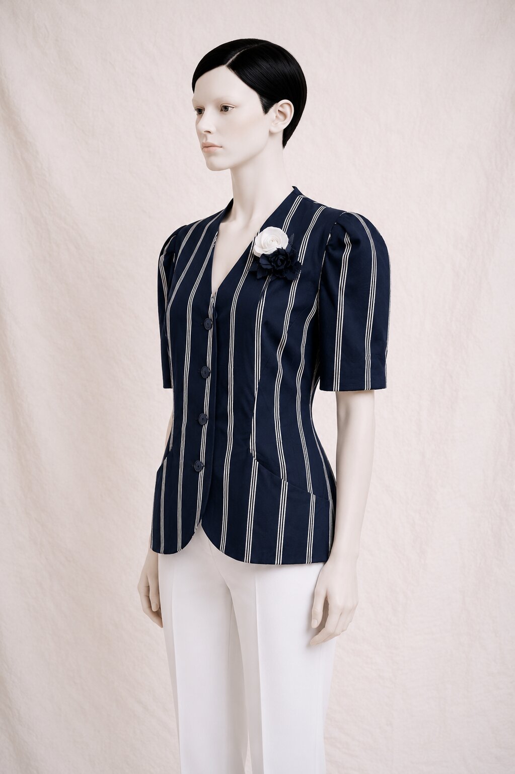 Summer Blazer Pierre Balmain Paris in vintage navy cotton with puffed sleeves
