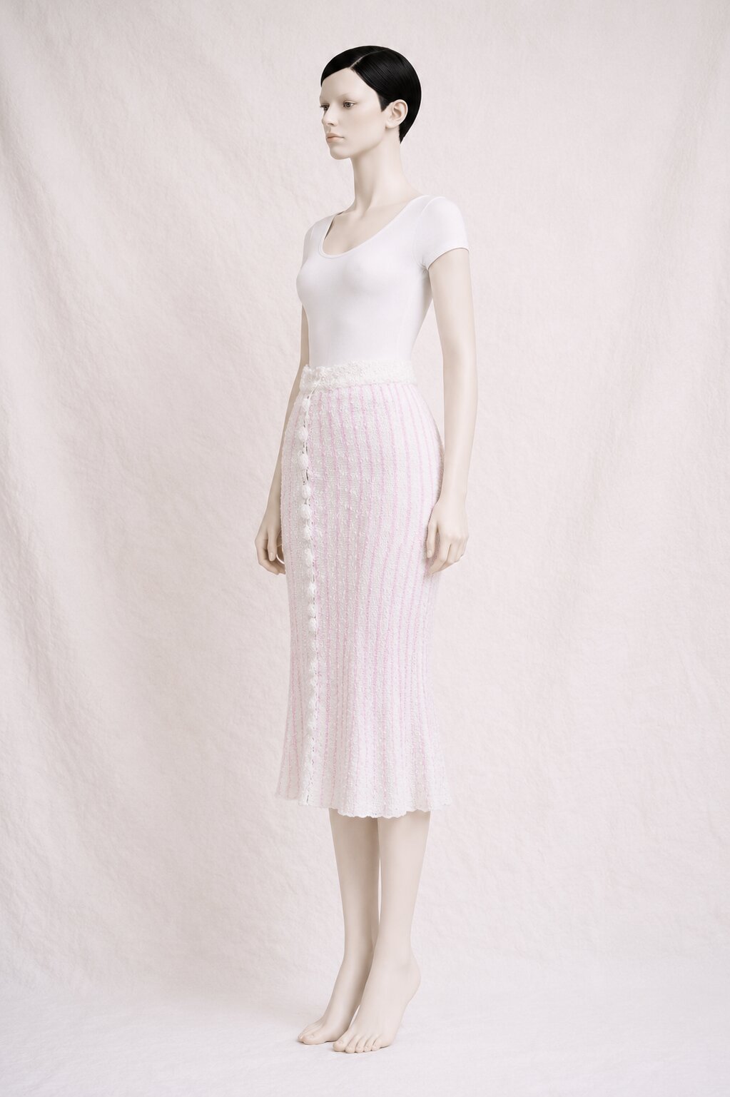 Jupe Vintage Authentique Louis Féraud Paris en Maille Rayée Rose et Blanche