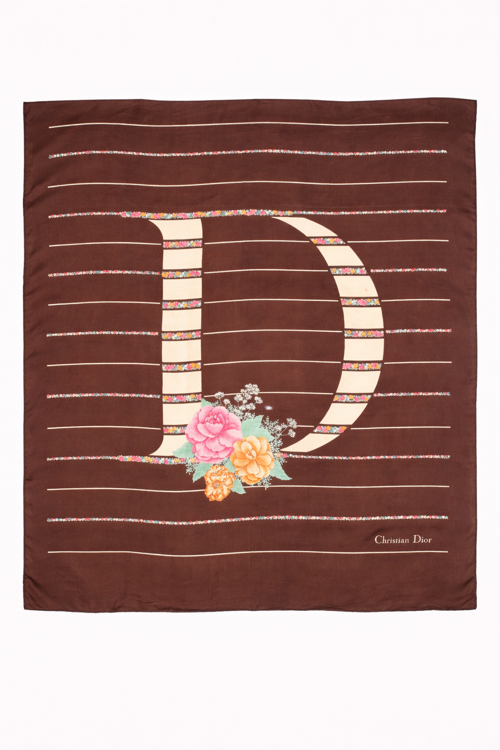 Carré en crêpe de soie moka Christian Dior motif monogramme D floral vintage authentique