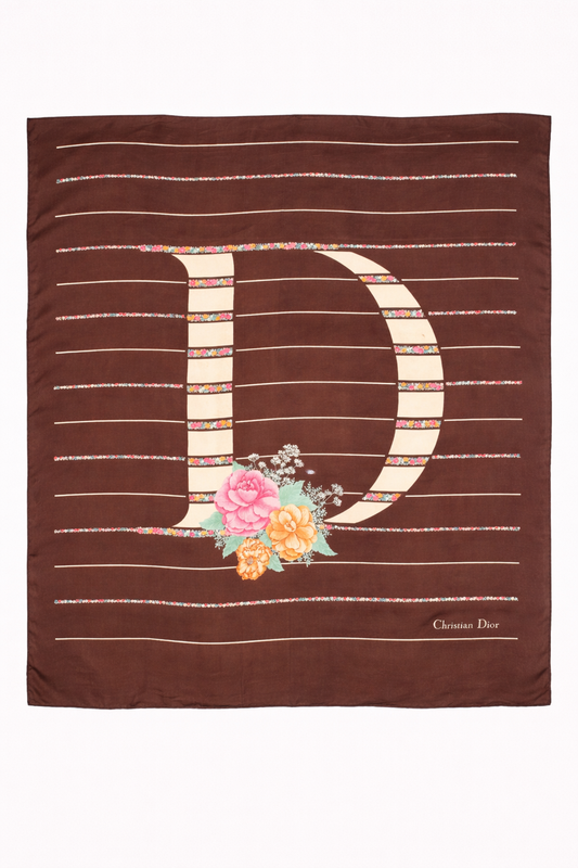 Carré en crêpe de soie moka Christian Dior motif monogramme D floral vintage authentique