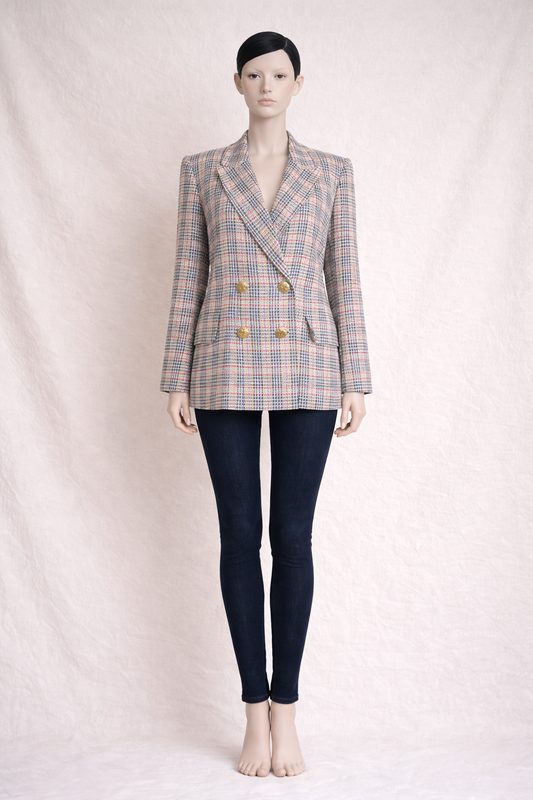 Blazer authentique Yves Saint Laurent à motif pied-de-poule multicolore circa 1990 vintage
