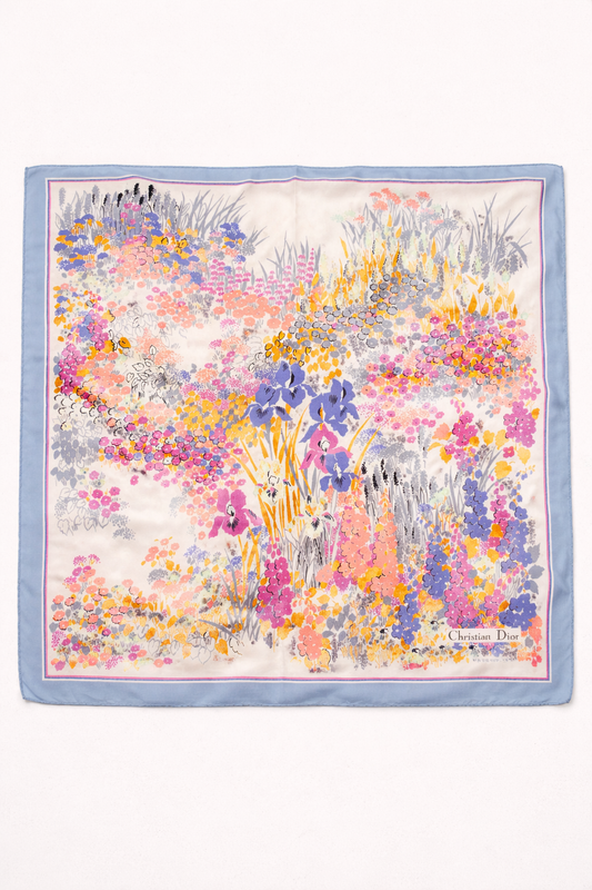 Carré soie crêpe Christian Dior ivoire bleu motif floral impressionniste multicolore vintage authentique
