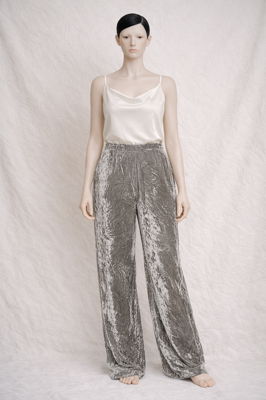 Pantalon taille haute Gianfranco Ferré en velours de soie argenté neuf