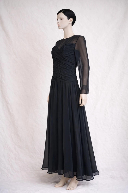 Authentic long dress Karl Lagerfeld in black draped chiffon