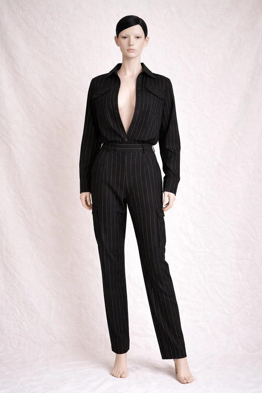 Combinaison de défilé authentique Balmain en denim noir à rayures dorées