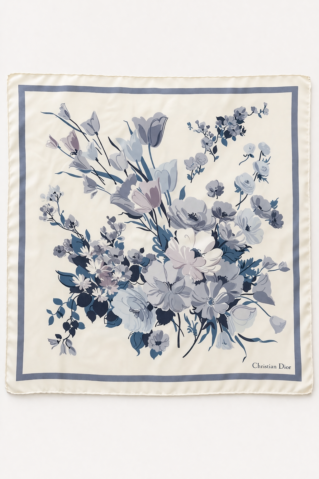 Carré en soie Christian Dior ivoire violette motif fleurs sauvages vintage authentique