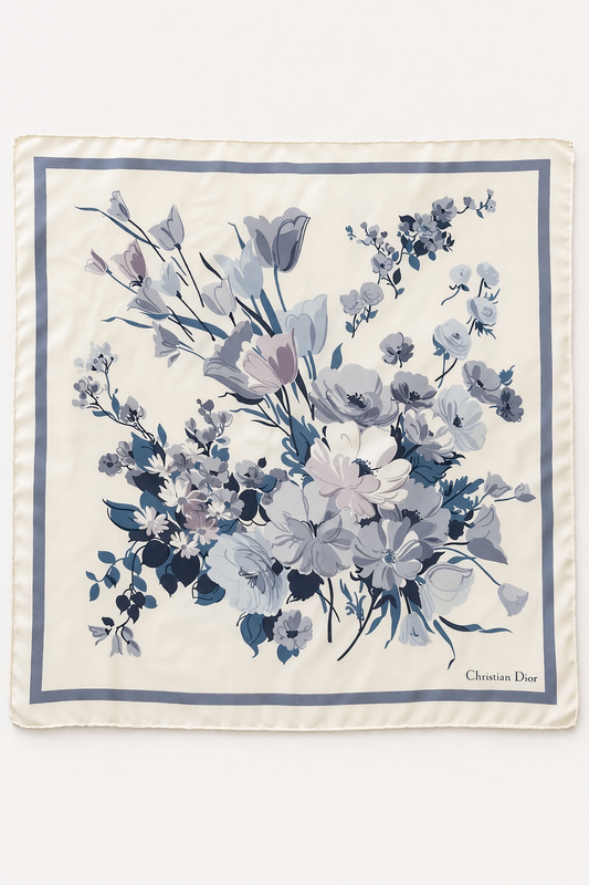 Carré en soie Christian Dior ivoire violette motif fleurs sauvages vintage authentique