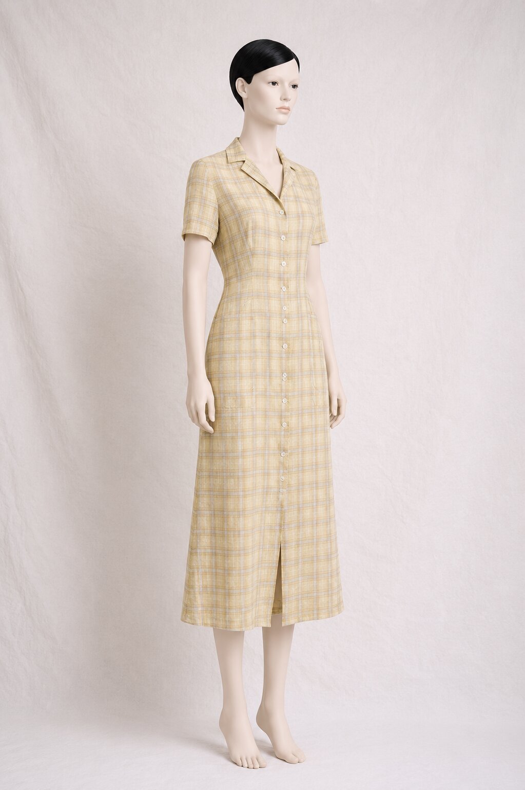 Authentique robe Cacharel vintage en lin à carreaux beige