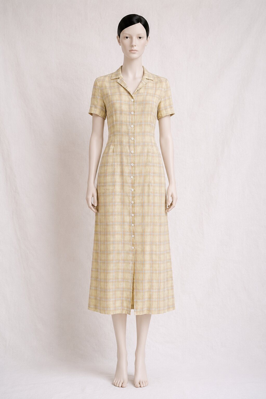 Authentique robe Cacharel vintage en lin à carreaux beige