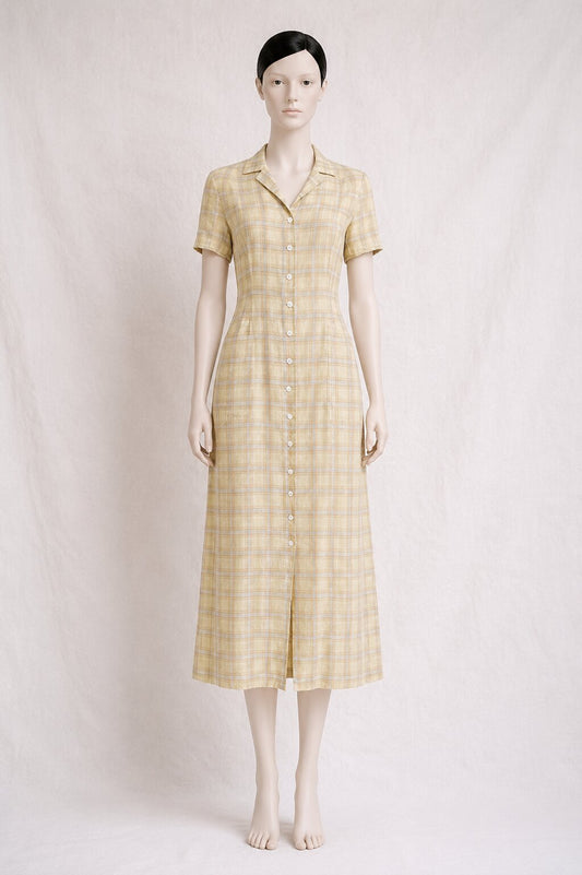 Authentique robe Cacharel vintage en lin à carreaux beige