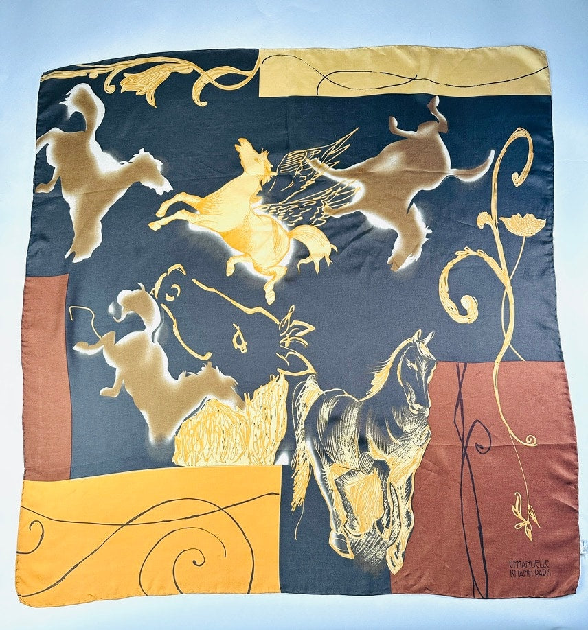 Grand carré Emmanuelle Khanh en soie marron et jaune motif équestre vintage authentique