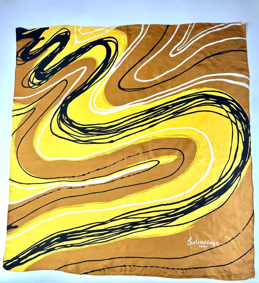Silk scarf Balenciaga in bronze and yellow with abstract pattern authentic vintage